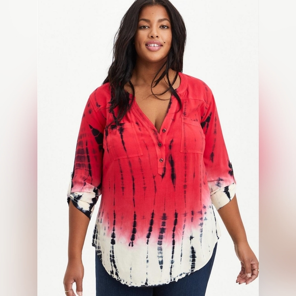 torrid Tops - Torrid - Harper Challis - 3/4 Sleeve Tie Dye Shirt - Est. 2X/3X - Red